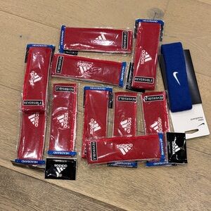 10 Adidas Red and White Reversible  Headbands and 1 Blue Nike Headband
